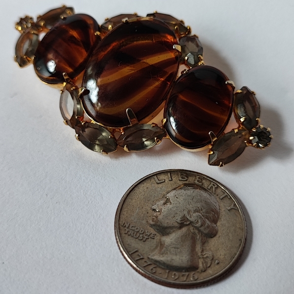 Glass Tortoise Striped Prong Set Brooch Gold Tone Smoke Open Back Prong Set Pin - Picture 7 of 10